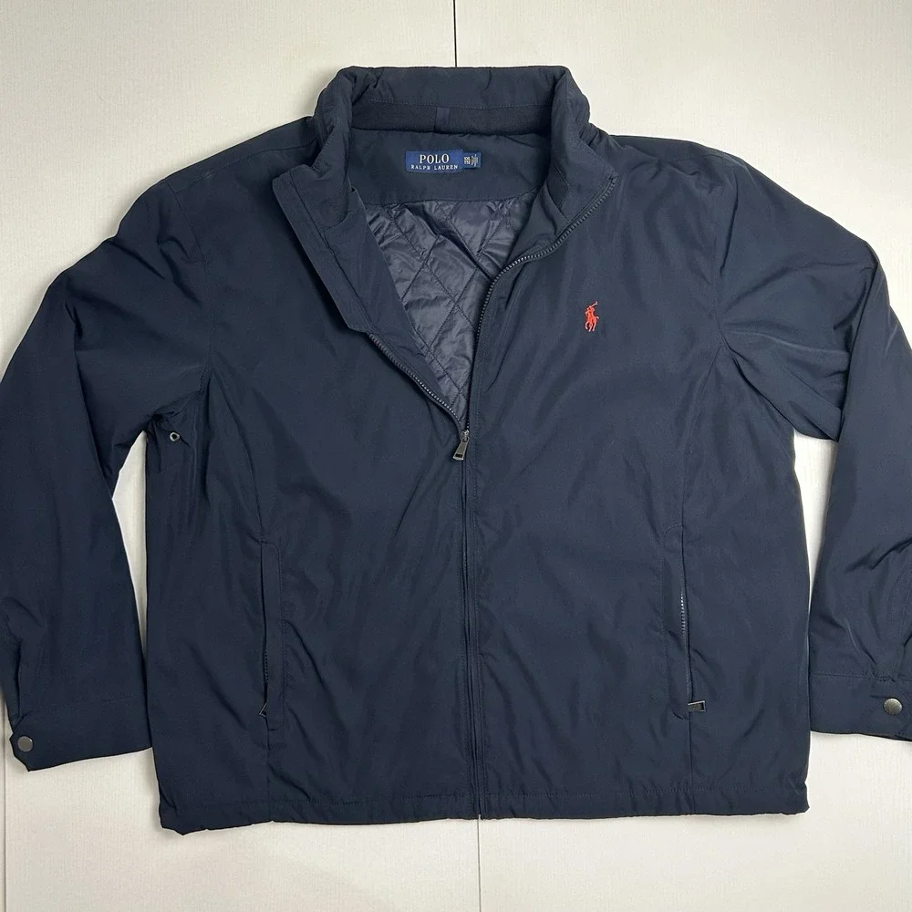 Polo Ralph Lauren Navy Hooded Full Zip Jacket Coat Mens XXL Windbreaker Red Pony
